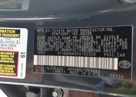 2025 Toyota Camry Le из США, поврежденный, VIN 4T1DAACK0SU132359